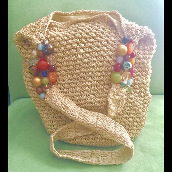 Cappelli Natural Straw BoHo Handbag Colorful Beads - Picture 2 of 9